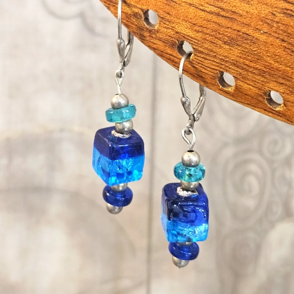 Glass Turquoise & Teal Beads Sterling Silver Dangle Lever Back Earrings